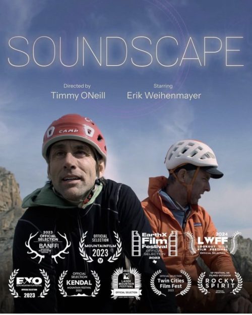 The cover of Soundscape, featuring a photo of me (left) and Timmy (right) wearing helmets and climbing gear, sitting on top of our objective with our names and roles in the film overlaid, along with nine other laurels that the film has been awarded since its festival debut.